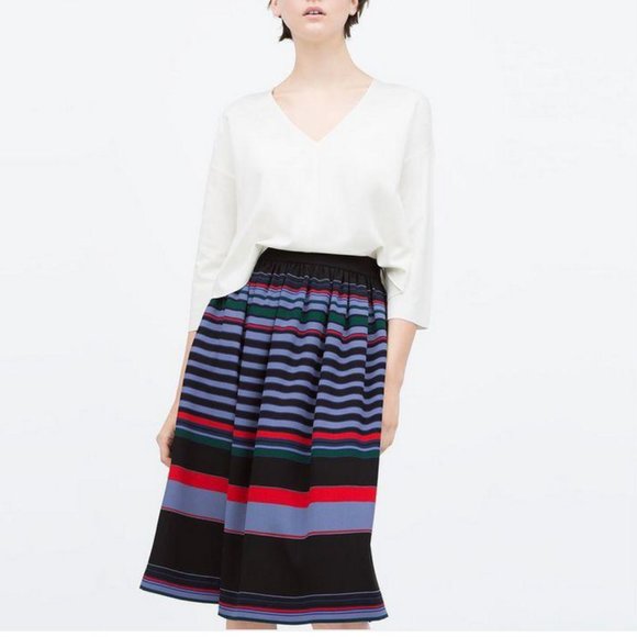 ZARA Striped Skirt Dirndl Midi XS Black Red Green Blue - Picture 1 of 9
